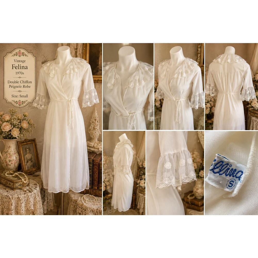 Vintage Felina 70s Ruffled Collar Double Chiffon Peignoir Robe S - Picture 4 of 12